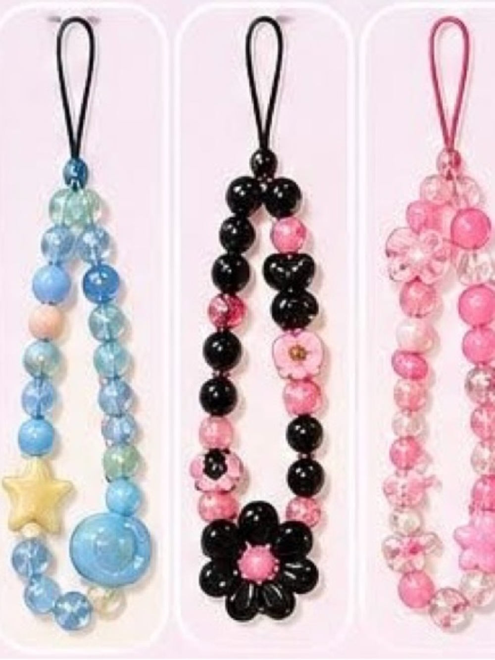 Kids Flower & Bead Phone Charm Strap – Pink, Blue, Black (Sold by piece)